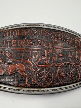 Vtg"America's Heroe's Fire Dept" silver Metal & Tooled Leather Belt Buckle